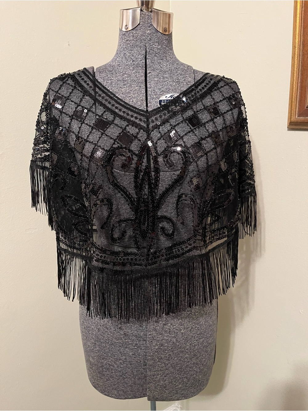 Black Sequined Fringed Shawl Cape Poncho S/M Flapper Style Art Deco Goth